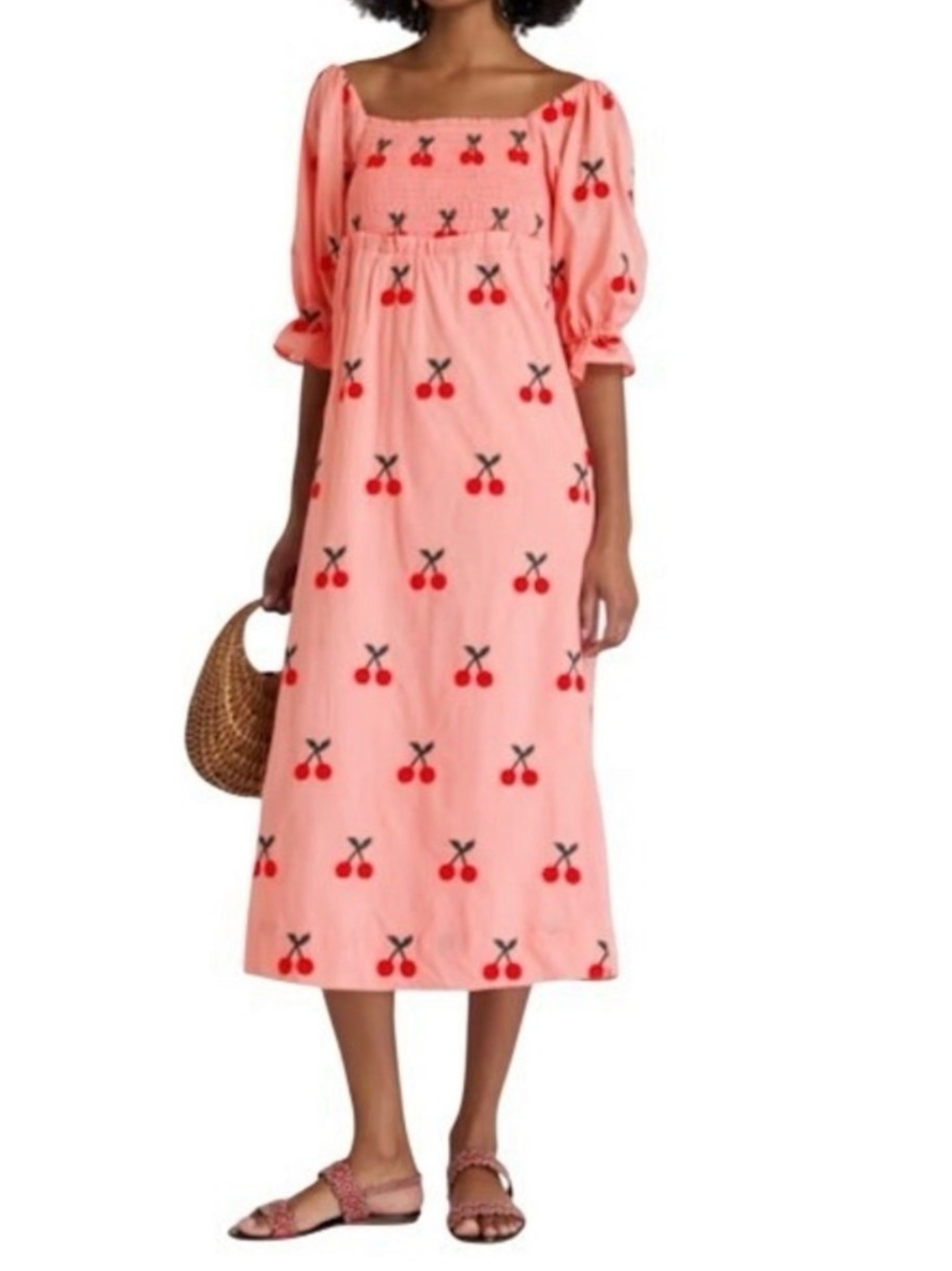 Farm Rio Off-the-Shoulder Pink Cherry Print Midi Dress